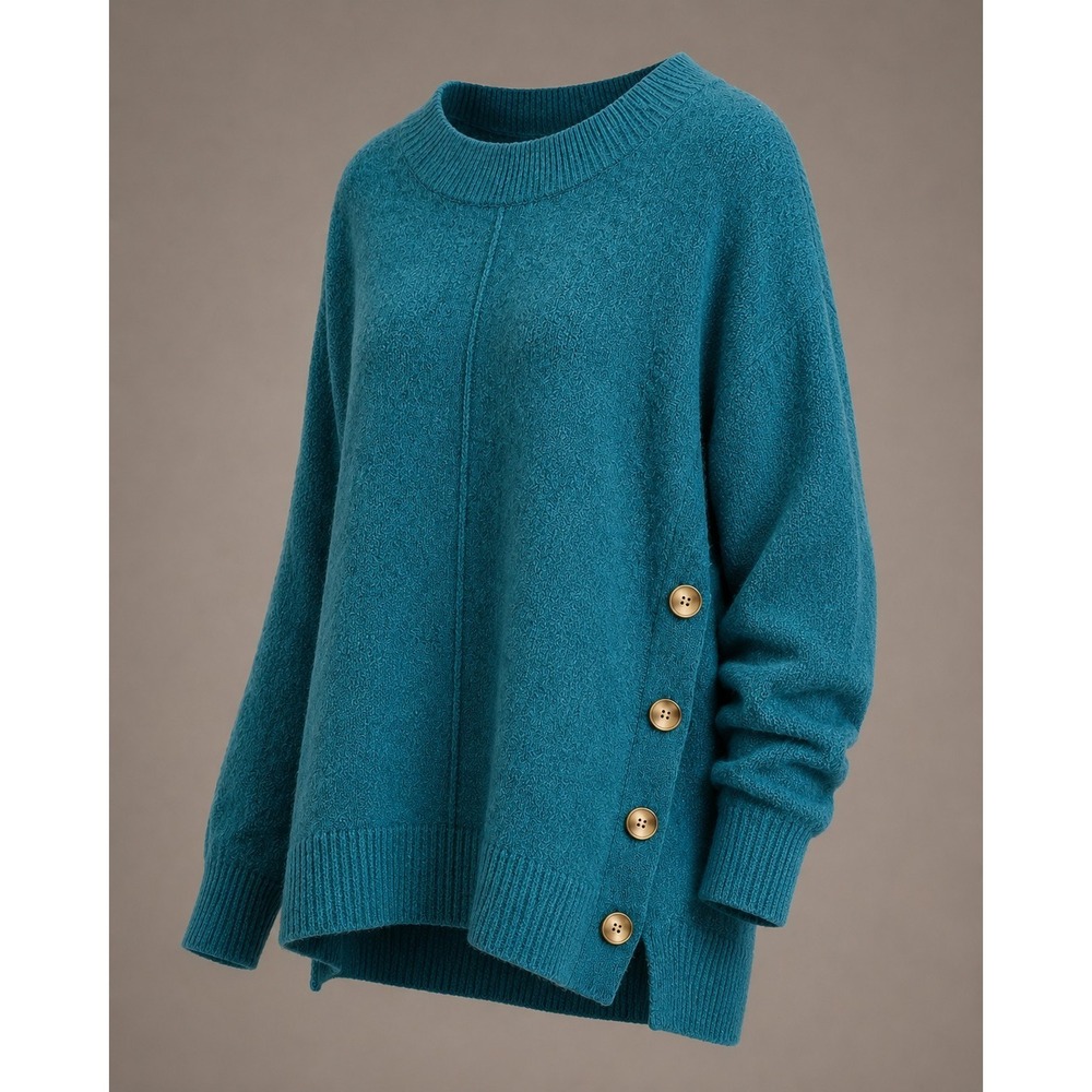 Retrology Womens L Teal Tunic Sweater Side Button Accent Center Seam Textured
